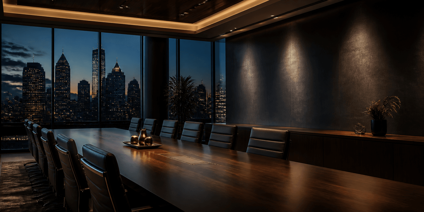Premium executive conference room overlooking a city at dusk