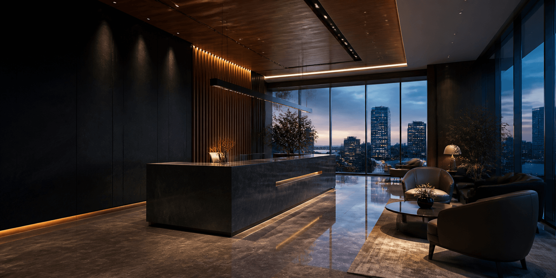 Premium corporate reception overlooking a city at dusk