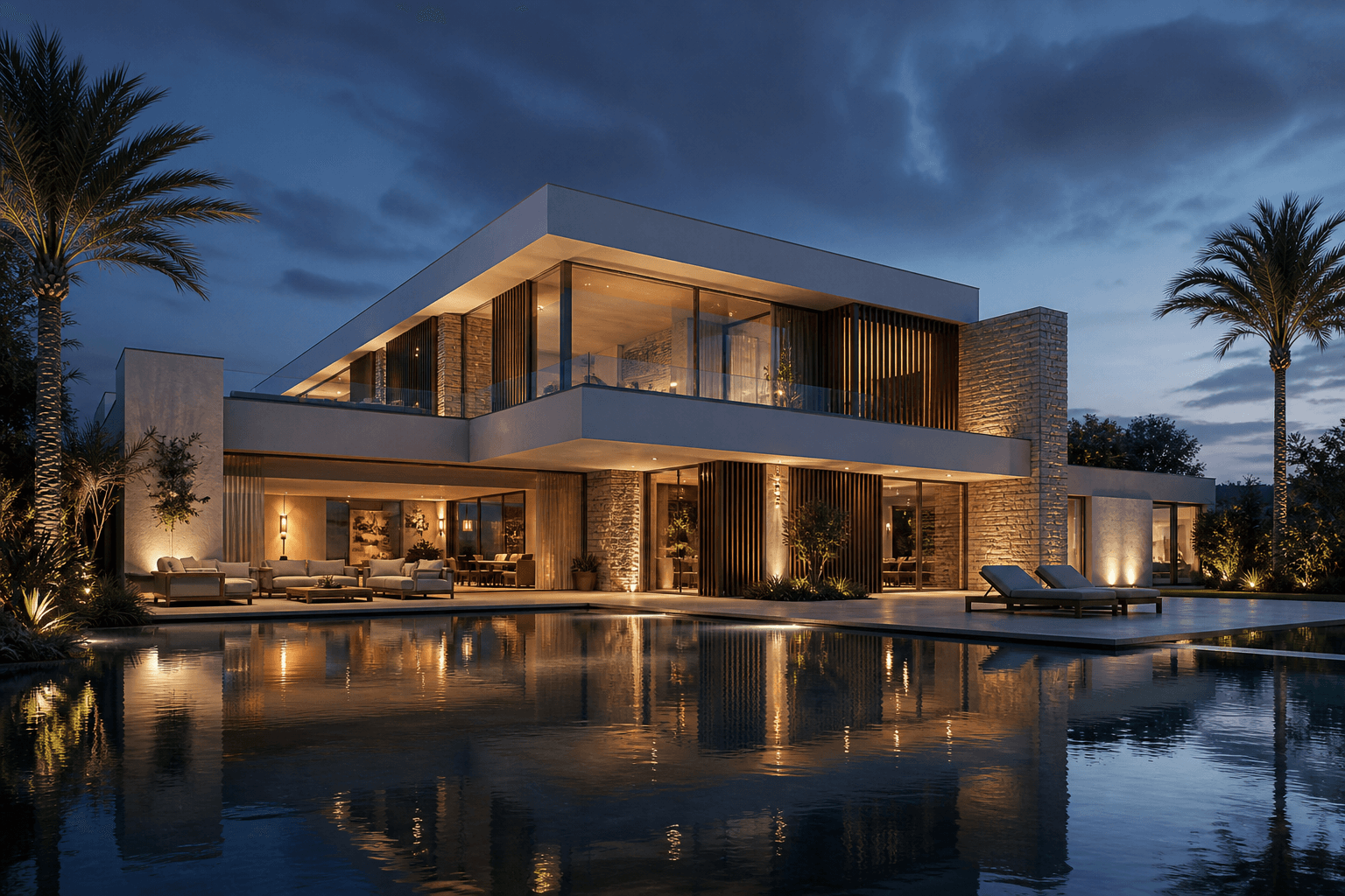 Contemporary luxury residence beside a reflecting pool at dusk