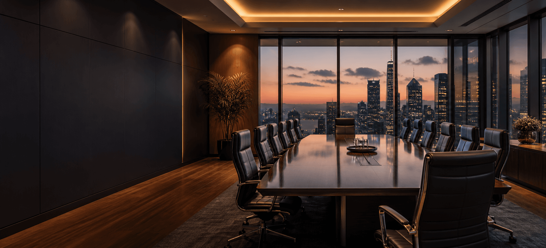 Executive boardroom overlooking a city skyline at dusk
