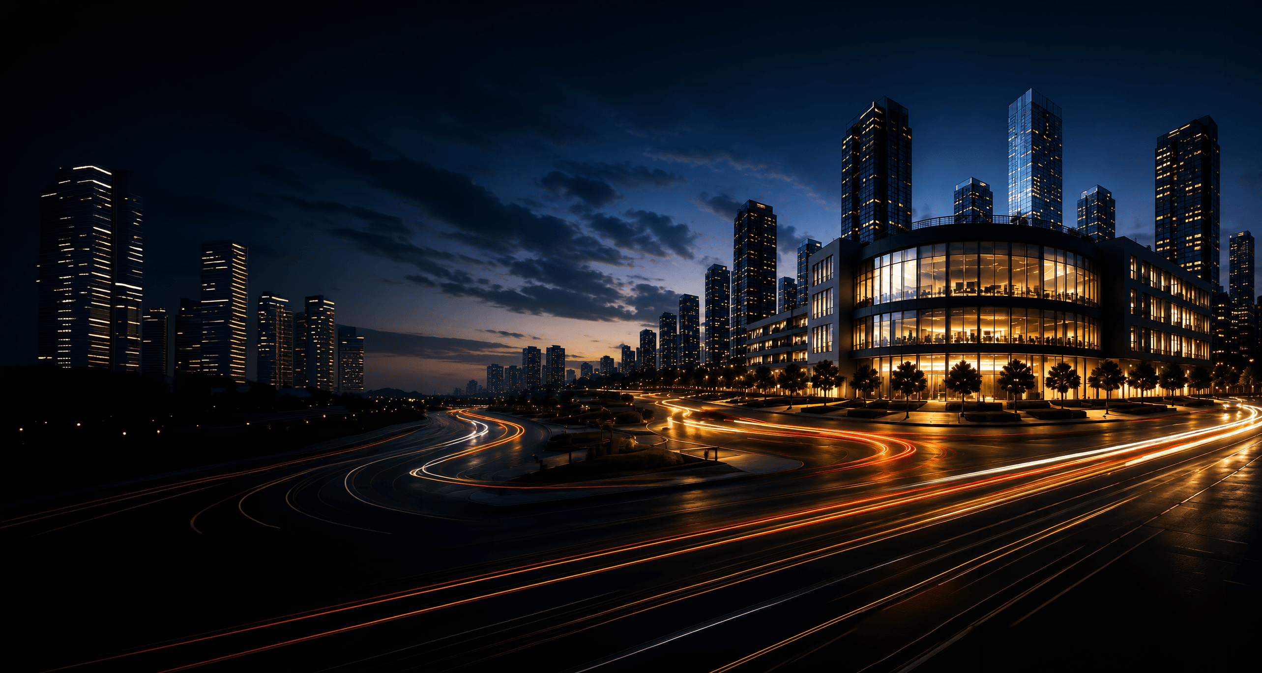 Illuminated business campus and city skyline at night with flowing traffic light trails