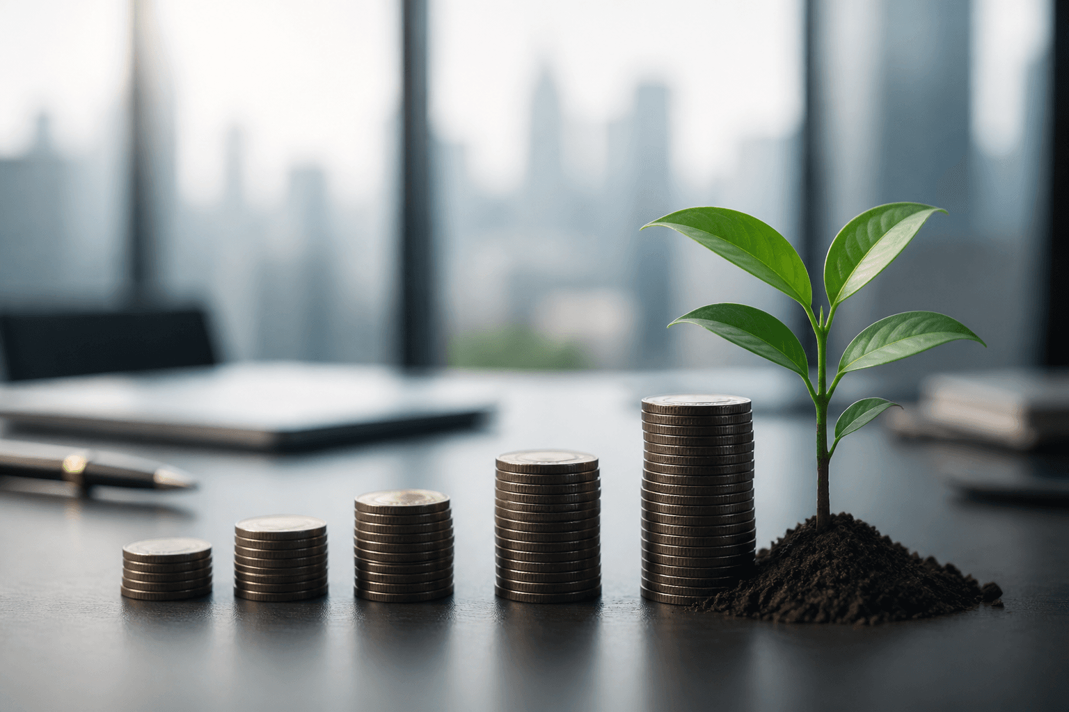 Measured stacks of coins and a green seedling representing long-term growth