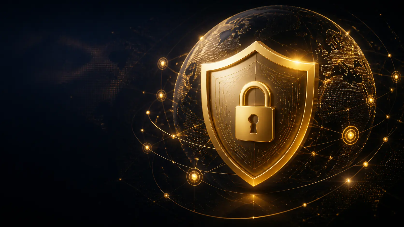 Golden privacy shield and lock over a connected digital globe